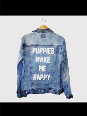 Denim Jean Jacket with 'PUPPIES MAKE ME HAPPY' Print - Light Blue